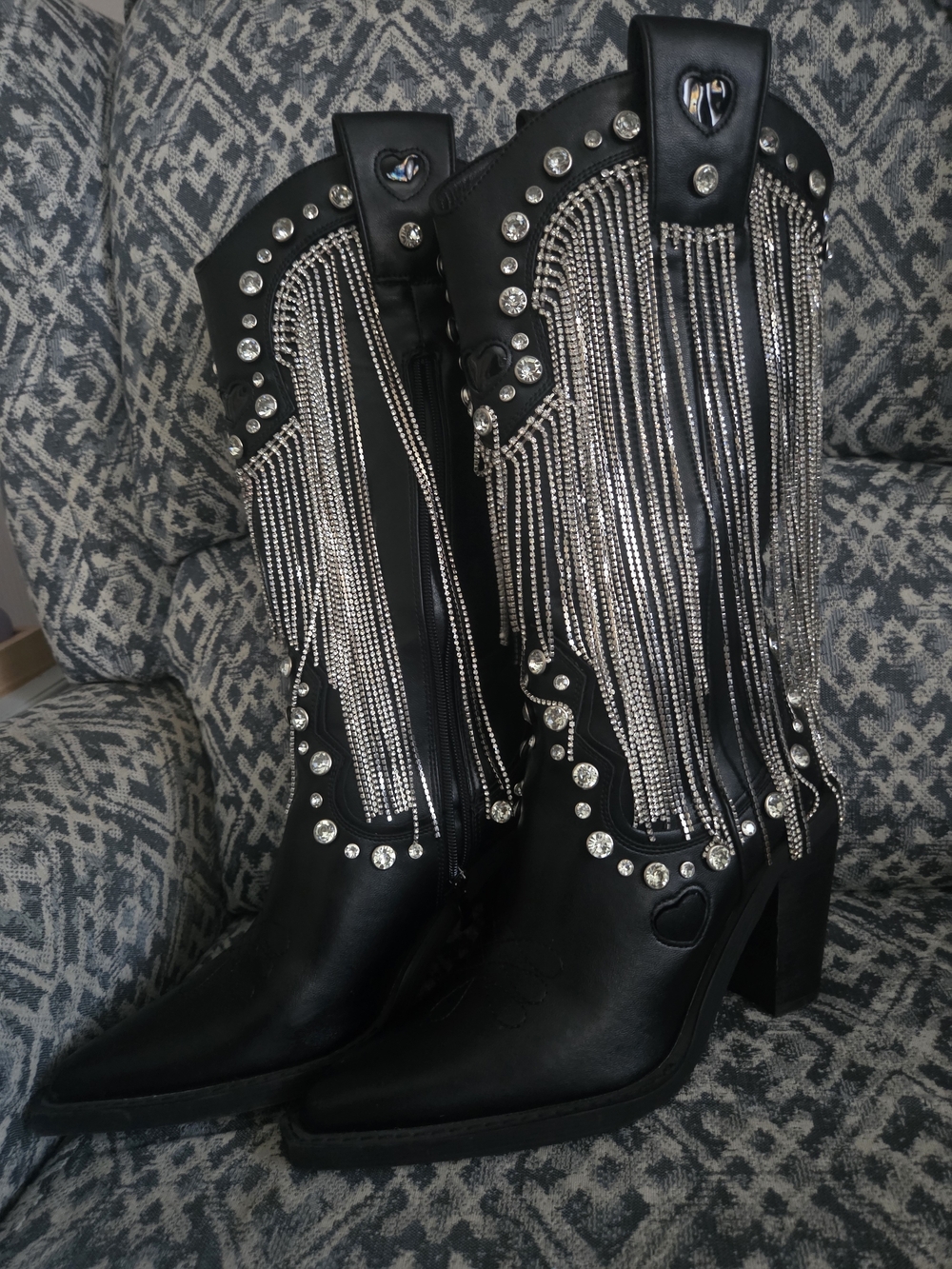 Black Rhinestone Fringe Western Knee-High Boots - Picture 3 of 3